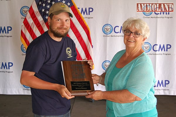 Winning the Vintage Military Match was Matthew Slocum, 34, of Philadelphia, PA, who used his M1917 to fire a score of 289-6x. Mrs. Judy Legerski, Chairman, CMP Board of Directors, presented Matthew with his trophy plaque.