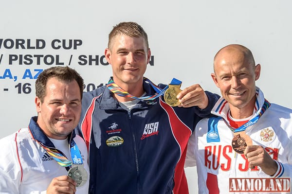 GABALA - AUGUST 11: (L-R) Silver medalist Steven SCOTT of Great Britain, Gold medalist Walton ELLER of the United States of America and Bronze medalist Vasily MOSIN of the Russian Federation pose with their medals after the Double Trap Men Finals at the Gabala Shooting Club during Day 4 of the ISSF World Cup Rifle/Pistol/Shotgun on August 11, 2015 in Gabala, Azerbaijan. (Photo by Nicolo Zangirolami)