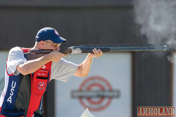 GABALA - AUGUST 11: Gold medalist Walton ELLER of the United States of America competes in the Double Trap Men Finals at the Gabala Shooting Club during Day 4 of the ISSF World Cup Rifle/Pistol/Shotgun on August 11, 2015 in Gabala, Azerbaijan. (Photo by Nicolo Zangirolami)