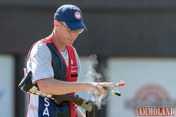 GABALA - AUGUST 11: Gold medalist Walton ELLER of the United States of America competes in the Double Trap Men Finals at the Gabala Shooting Club during Day 4 of the ISSF World Cup Rifle/Pistol/Shotgun on August 11, 2015 in Gabala, Azerbaijan. (Photo by Nicolo Zangirolami)