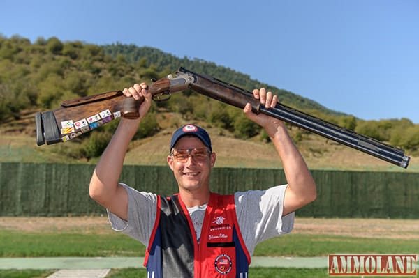 GABALA - AUGUST 11: Gold medalist Walton ELLER of the United States of America competes in the Double Trap Men Finals at the Gabala Shooting Club during Day 4 of the ISSF World Cup Rifle/Pistol/Shotgun on August 11, 2015 in Gabala, Azerbaijan. (Photo by Nicolo Zangirolami)