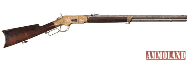 LOT1010: Rare, FRESH and Important Factory Exhibition Quality Conrad Ulrich Deep Relief Panel Scene Engraved Winchester Model 1866 Rifle with Nickel Trim