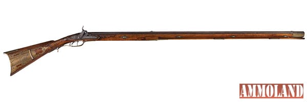 LOT204: Extraordinary John Armstrong Golden Age Percussion Long Rifle with Raised Relief Carved Stock