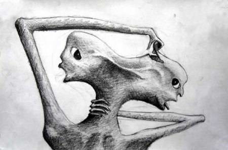 Schizophrenic : This drawing was found in an old asylum, its artist was a paranoid schizophrenic.