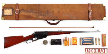 English-cased, dealer-marked 1895 Winchester .405 caliber rifle, manufactured in 1921, of a type made famous by Teddy Roosevelt, est. $9,500-$12,500.