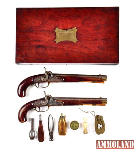 Fine cased set of Sowers (Philadelphia) dueling pistols, circa 1840s/’50s, est. $5,000-$8,000.