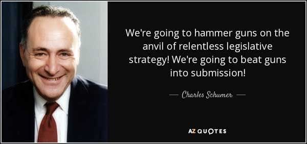 “We're going to hammer guns on the anvil of relentless legislative strategy! We're going to beat guns into submission!” ~ Chuck Schumer