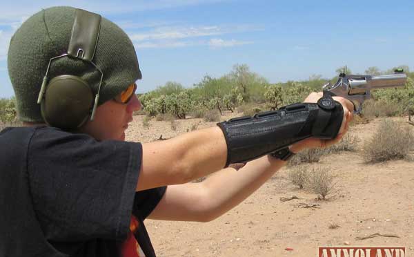 Cameron, with broken wrist, shooting the Ruger SP101 Double-Action Revolver in 327 Federal Mag.