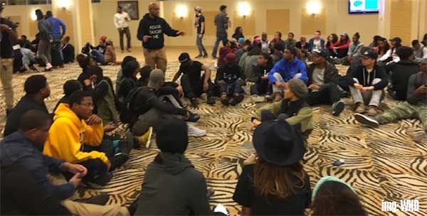 Black students ask to be segregated during a meeting inside the University of Missouri’s student center, Nov. 11, 2015.