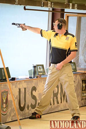 Staff Sgt. Brad Balsley, U.S. Army Marksmanship Unit, fires his pistol in the 25-meter rapid fire pistol event during the 2015 International Shooting Sport Federation Fort Benning World Cup for Rifle/Pistol May 18-24. Balsley won a bronze medal in the same event during the 2015 USA Shooting National Championships for Rifle/Pistol June 24 to July 1 at Fort Benning, Georgia, and a gold medal at the 2015 Pan American Games in in Toronto in the same event July 16. (Photo by Sgt. 1st class Raymond J. Piper)