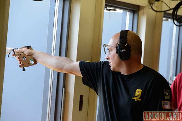 Sgt. 1st Class James Henderson, U.S. Army Marksmanship Unit, competes in the 50-meter pistol event during the 2015 International Shooting Sport Federation Fort Benning World Cup May 18-24. Henderson competed in the 2015 Winter Airgun Championships Dec. 3-6 in Colorado Springs, Colorado, and qualified to compete in the June Olympic Trials for airgun. (Photo by Sgt. 1st Class Raymond J. Piper)