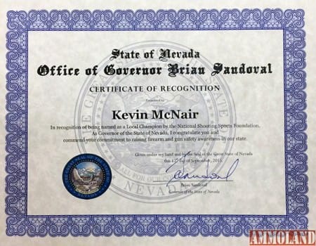Kevin McNair Receives Nevada Governor’s Recognition for Firearms Safety Achievements