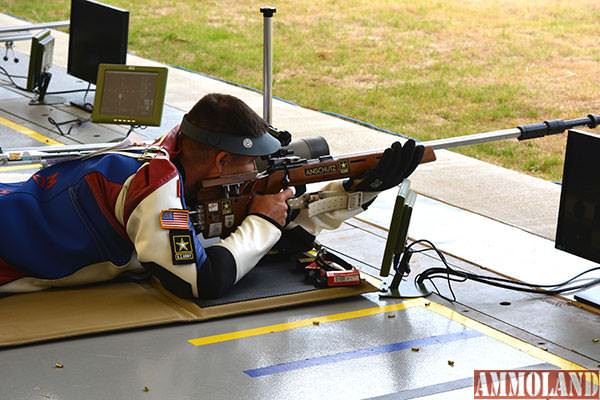 Sgt. 1st Class Michael McPhail, U.S. Army Marksmanship Unit, competes in the men’s 50-meter rifle prone finals at the 2015 International Shooting Sport Federation World Cup Fort Benning, Georgia, May 13-18. McPhail, currently ranked No. 1 in the world for men’s 50-meter rifle prone, won the gold medal for this event, which helped him earn an automatic seat on the 2016 U.S. Olympic Team. (Photo by Brenda Rolin)