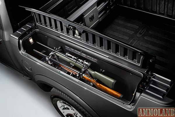 Cargo bed siderails can be outfitted to hold everything from long guns to fishing rods. Each locks securely and comes with an inside light to help you find your gear in the dark.