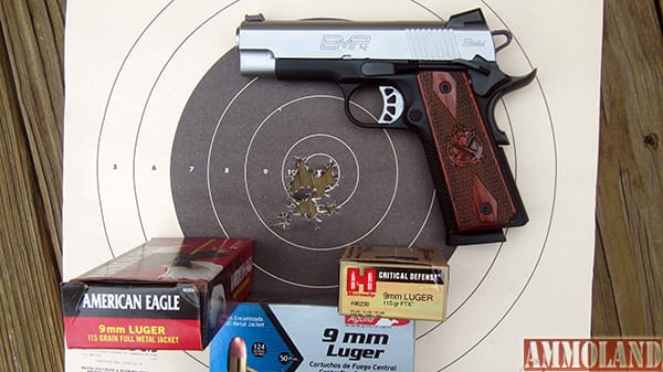 Springfield Armory 1911 EMP 4 Lightweight Champion 9mm was Reliable with Various Ammo- 10 Yards- 20 Hits with Slow Fire.