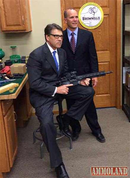 Pete Brownell with former Texas Governor Rick Perry, during his recent visit to Brownells. Inc.