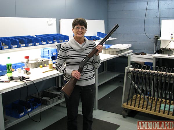 Production Supervisor Karen Erickson holding a 41 Mag