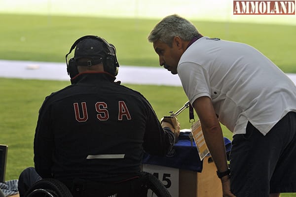 Sep 6, 2012; Greenwich, United Kingdom; USA coach Bob Forth talks to Eric Hollen (USA) during the London 2012 Paralympic Games at Royal Artillery Barracks. Mandatory Credit: Andrew Fielding-US PRESSWIRE