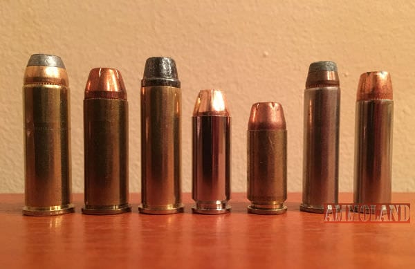 Left to right: 44 Magnum, 44 Special, 41 Magnum, 10mm Ammunition, 40 S&W, 357 Magnum, 38 Special