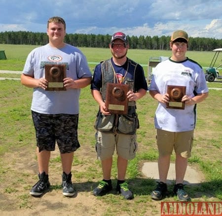 WI SCTP Men’s International Trap medal winners; Second place Matt Wells, Champion Tyler Thiede, Third place Garrett Kreul