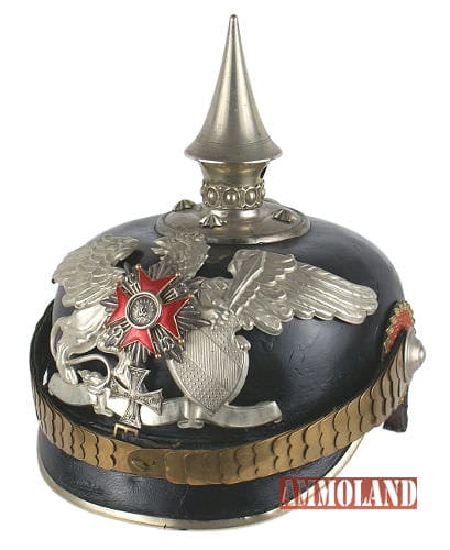 1st Baden Leib Infantry Grenadier Regiment 109 reserve officer’s helmet with solid black leather body, large silver crowned griffin on the front plate ($3,600).