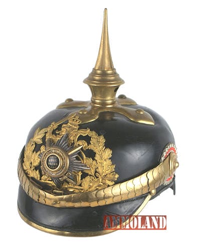 Hessian General staff officer’s helmet with solid smooth black leather body, front plate with original gilt finish and National and Hessian officer rosettes ($3,840).