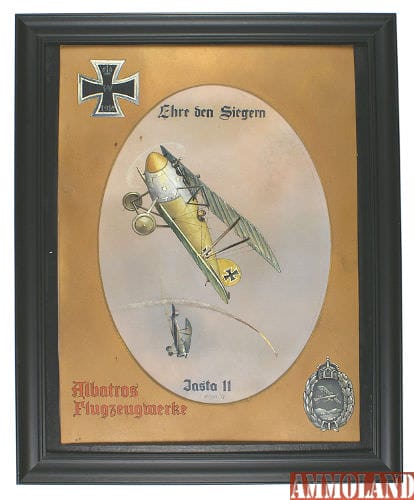 Detailed painting of a World War I German Albatross plane downing a French aircraft, titled Ehre den Siegern and artist-signed “J. Hippel ’17” ($3,900).