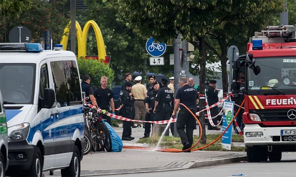 The scene outside the McDonald’s in Munich where the gunman opened fire shortly before 6pm local time. Photograph: Joerg Koch/Getty Images
