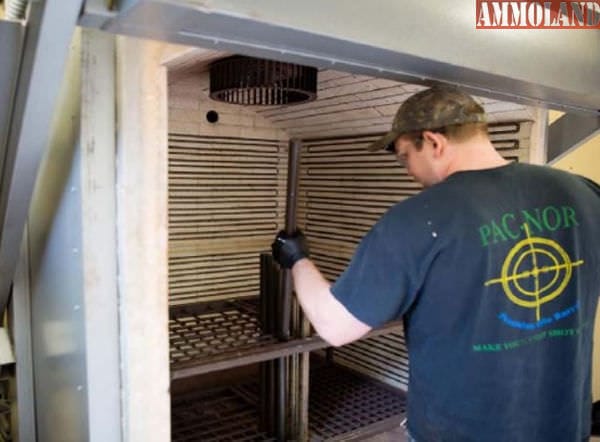 At Pac-Nor, barrel blanks are stress relieved in a tempering furnace after honing and rifling. The parts are inspected and gaged at various stages during manufacture.