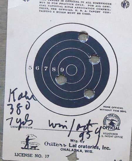 Kahr CT380 at 7 yards displays good grouping.