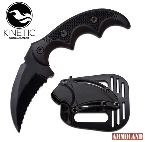 The KAR-1 is a Karambit-style fixed blade knife that comes with a paddle holster sheath.