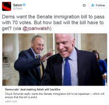 BFFs: Insiders McCain and Schumer share a laugh – at your expense. (Salon: Twitter)