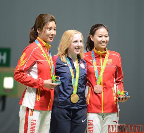 The first gold medalist in the 2016 Rio de Janeiro Olympic Games was the USA’s Virginia Thrasher. The 19-year- old athlete from Virginia and West Virginia University is shown with her Olympic gold medal (center) and the silver and bronze medalists, who are both from China. Thrasher began as an active 3-position air rifle shooter.