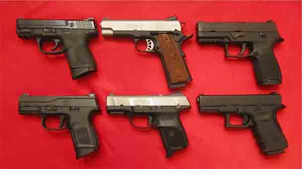 9mm COMPACTS: SW M&P 9C (top left); Springfield EMP4 (center); Sig 320C; FNS-9C (bottom left); Ruger SR9C; Glock 19