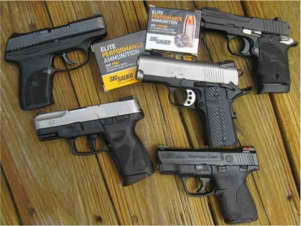 Authors Actual Best Subcompact Concealed Carry Pistols (Top left to right): Ruger LC9S; Sig 938; Springfield EMP (center); Taurus G2 (bottom left); SW Shield-Ported