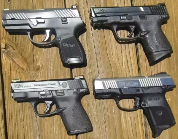 Here is a size comparison of the Sig 320 Sub-Compact (top left) to the Smith-Wesson M&P 9C; the Ruger Sr9C, and the M&P Shield.