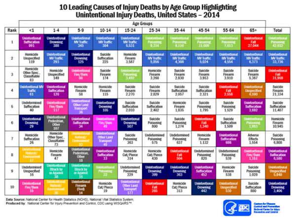 10 leading causes of death by age group, highlighting accidental deaths