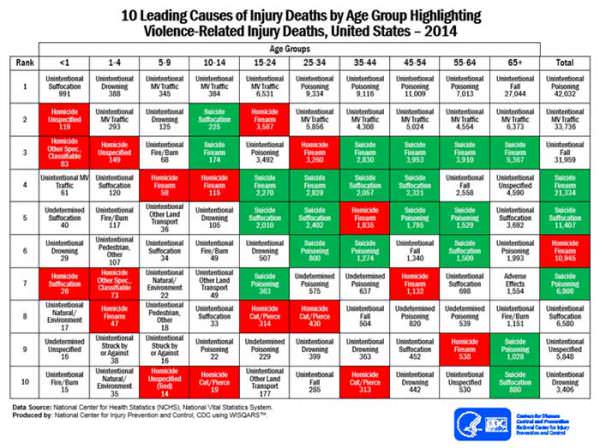 10 leading causes of death by age group highlighting violent deaths