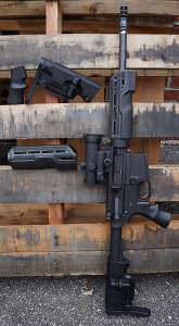 The TUK combines three, top-of-the-line A*B Arms AR-15 accessory brands; the A*B Arms A*B Pro Hand Guard, the A*B Arms SBR P*Grip pistol grip and the A*B Arms Urban Sniper Stock.