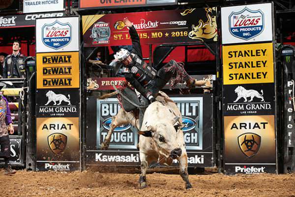 Cooper Davis rides Josie McElroy Bucking Bulls's Slim's Playboy for 85.75 during the first round of the St. Louis Built Ford Tough series PBR. Photo by Andy Watson/Bull Stock Media. 