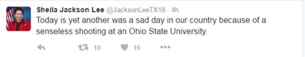 Democrat Sheila Jackson Lee's tweet (now deleted) calling the shooting of a knife weiding terrorist "Gun Violence".