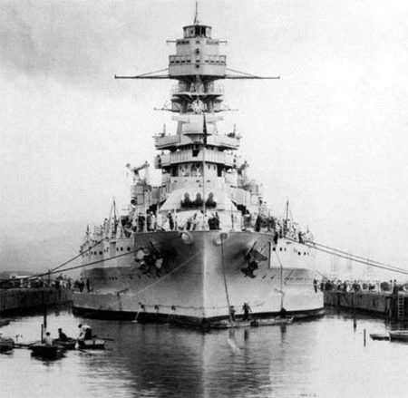 The USS Arizona moored in Pearl Harbor
