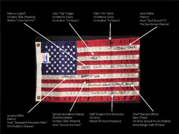 The Veteran Family of Brands sent these two flags around to eight significant heroes and hunters of our time and they all agreed to sign it in hopes of raising money for a couple of very worthy causes.