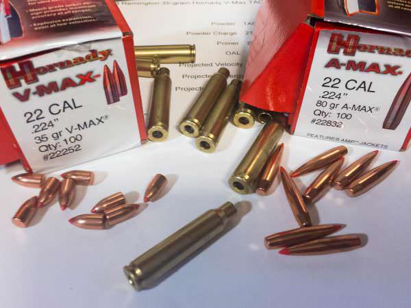 J'ai chargé quelques lots de .223 pour représenter les extrêmes de longueur et de poids des balles en utilisant des balles Hornady V-Max de 35 grains et A-Max de 80 grains.