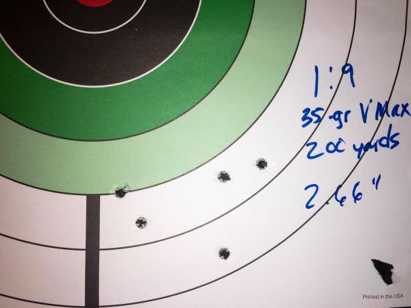 Even on a windy day, I got decent groups from the 35-grain bullets at 200 yards from the 1:9 twist barrel.