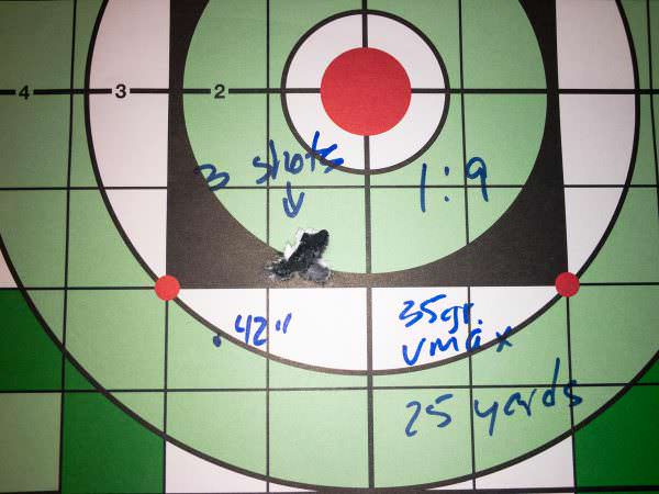 As expected, the 35-grain bullets worked like a champ from the 1:9 barrel at 25 yards. 