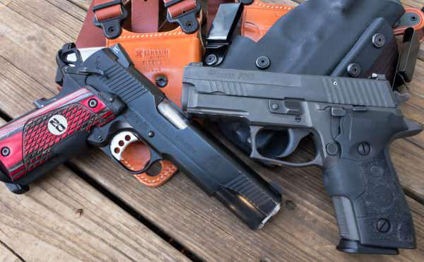 Both fine guns, the Springfield Armory 1911 TRP has big bullets and modest capacity, while the 9mm Sig Sauer P229 legion has double the capacity.