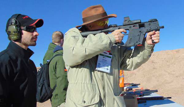 Dean Weingarten firing a full auto KRISS Vector at Industry Day at the Range at SHOT Show 2017