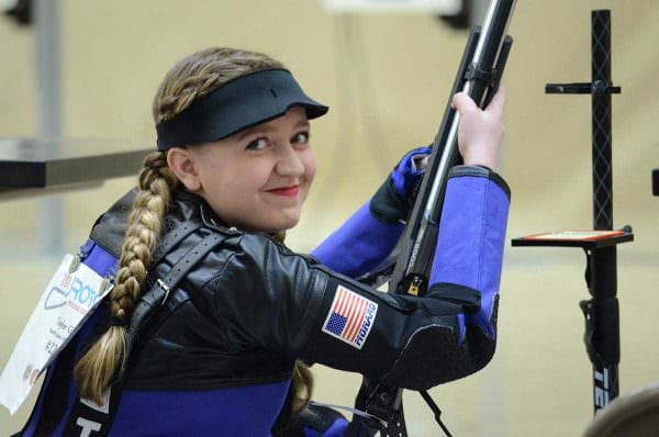 Taylor Gibson looked back at the crowd after firing her last kneeling shot on Day 1 of competition to reach a new Army 3x20 National Record.