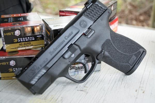 The Shield 45 shown here comes with Tritium night sights. If you prefer, you can order one with Hi-Viz fiber optic sights instead.